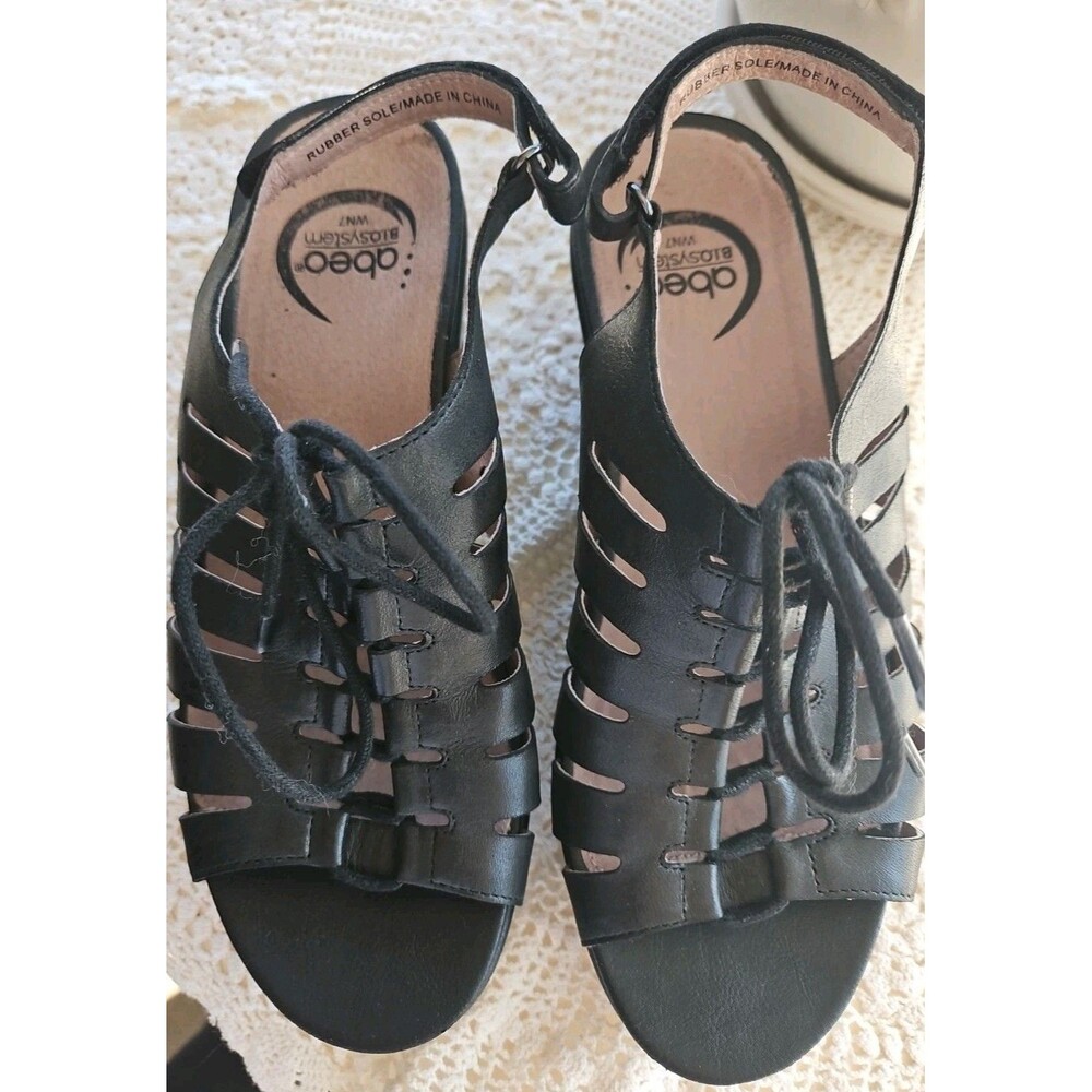 Abeo B.I.O.SYSTEM Black Leather Harriet Wedge Lace Up Sandals Sz 7 N